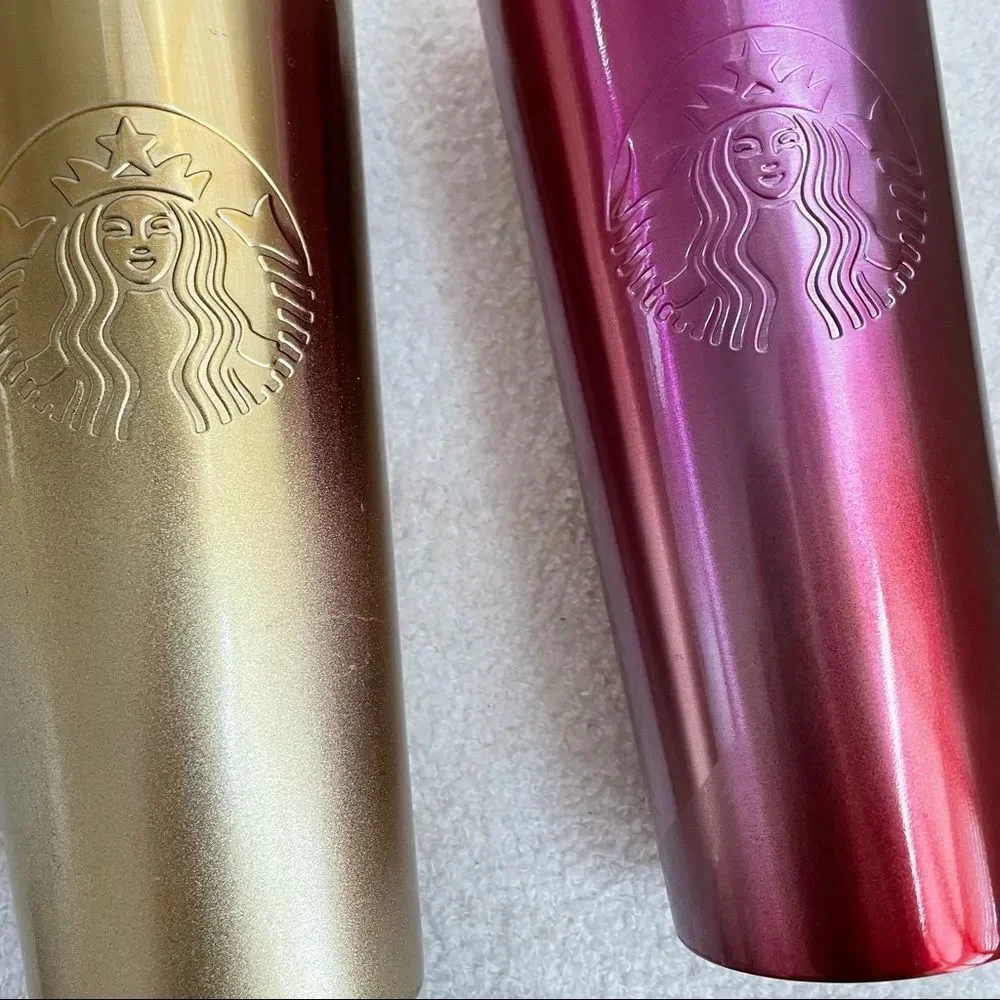 2 Starbucks Gradient Ombre Cold Cups Tumblers 24oz Gold Red 1 New 1 Preowned